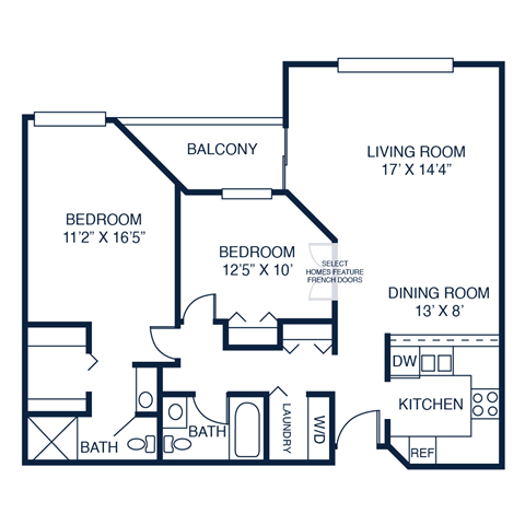 Floor plan for 2 beds, 2 baths, 1142 sqft